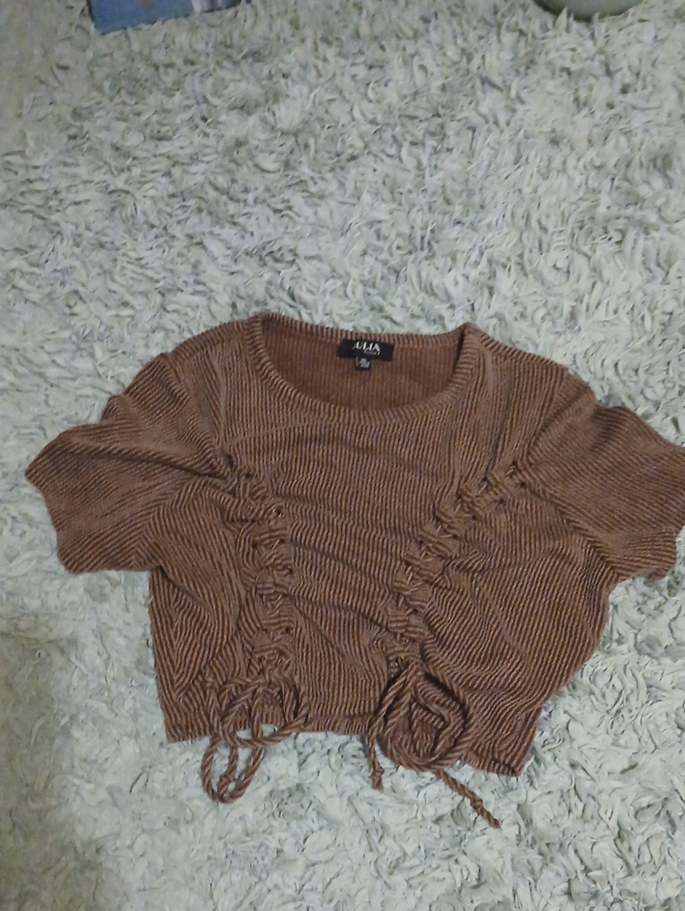 Brown Ribbed Cropped Crewneck Sweater with Front Drawstring Detail
